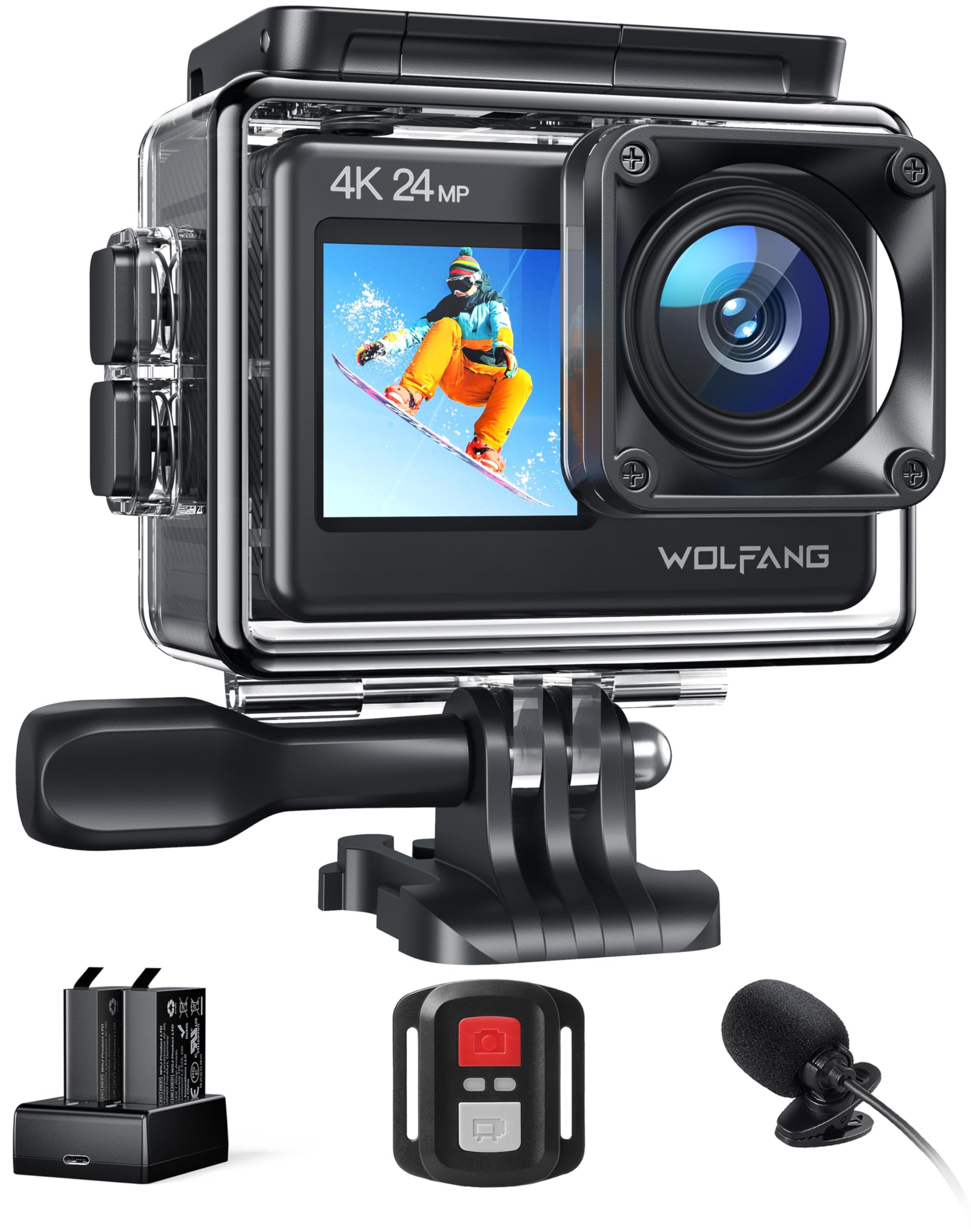 WOLFANG GA200 アクションカメラ 【マイク付き】4K 24MP 防水40M デュアルスクリーンカメラ EIS手振れ補正 WiFi調整可能な広角 Vlogカメ Amazon | WOLFANG GA200 アクションカメラ 【マイク付き】4K 24MP 防水
